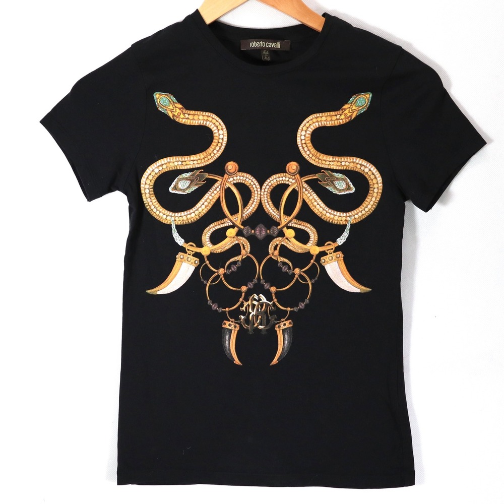 Y2k Roberto Cavalli T-Shirt Women XS Black Snake Graphic Tusk Print Italy Luxury
